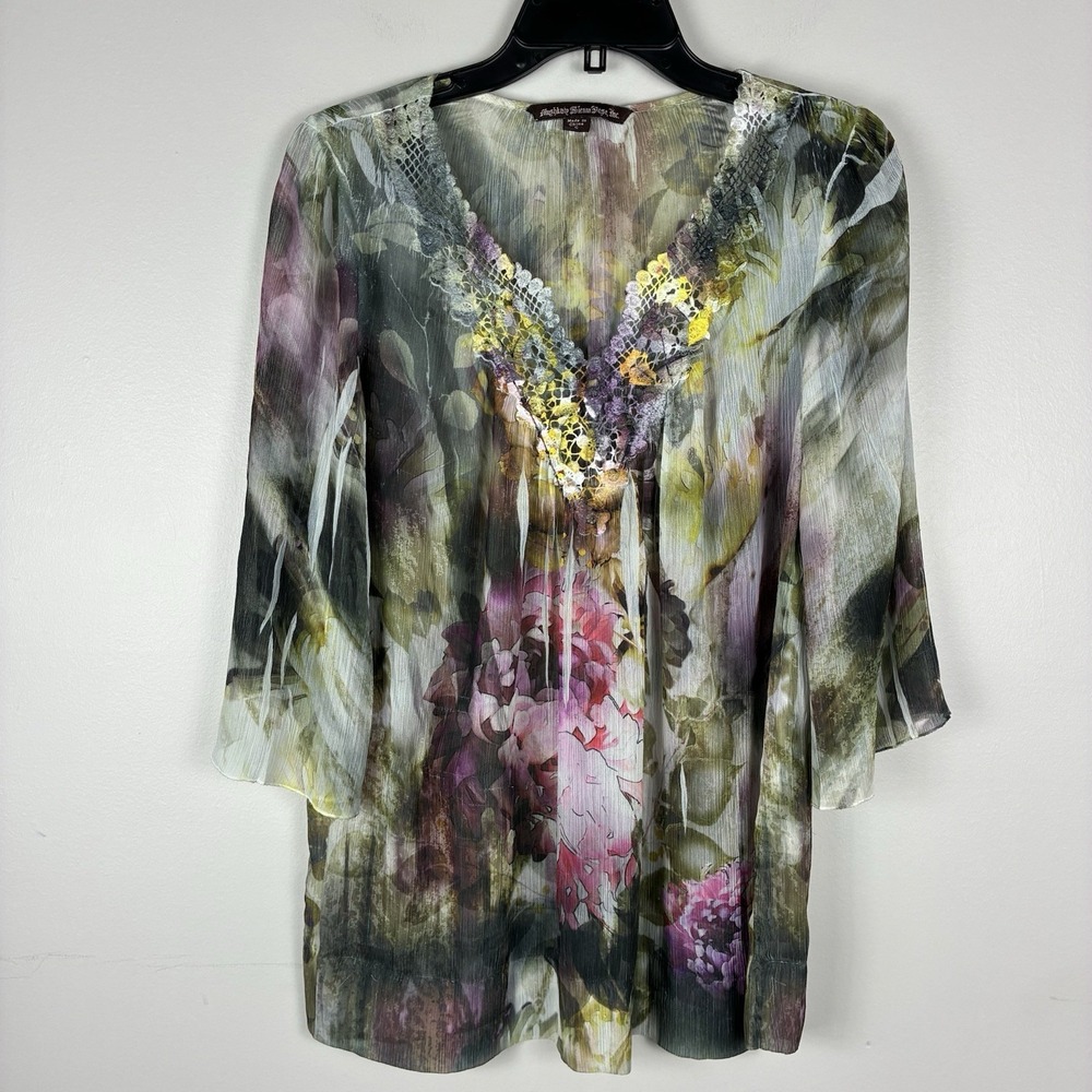 Womens Y2K Sheer Forest Fairy Colorful Top Small 3/4 Sleeve Gypsy Boho Whimsy